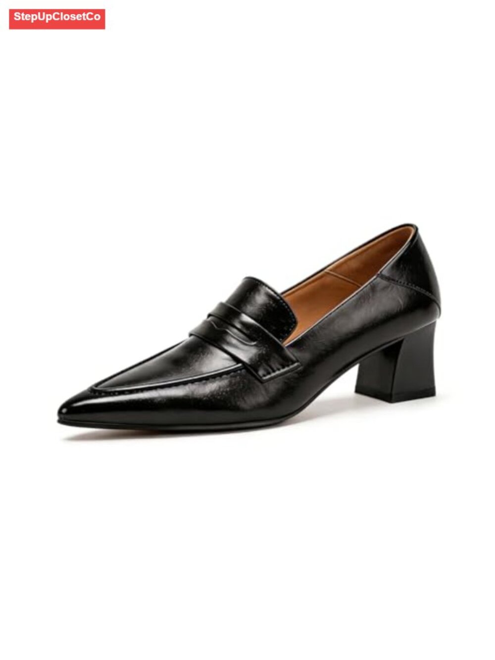 Womens Genuine Leather Pointed Toe Chunky Heel Slip-On Loafers